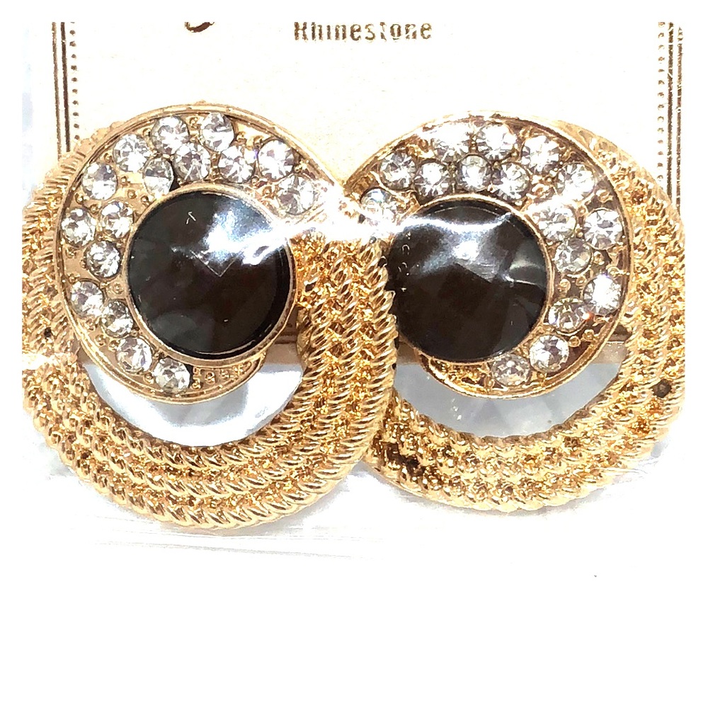 Gold diamond cut rhinestone onyx swirl earrings